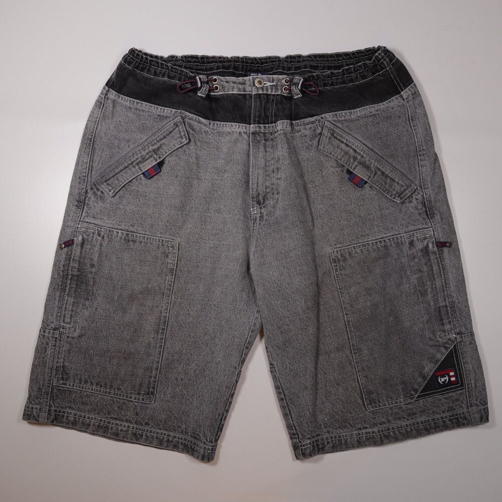 VTG Phat Farm Jorts Jean Shorts 90's Baggy Wide Cargo Gray Cinch Waist Men's 36